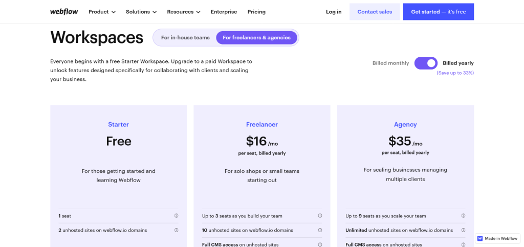 Webflow pricing for freelancers' and agencies' workspaces