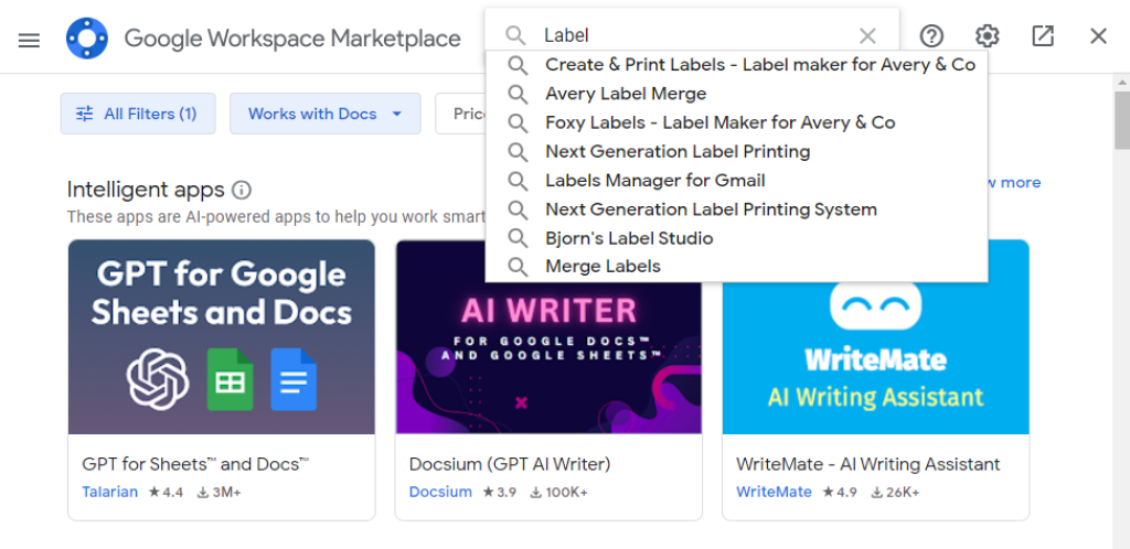 Searching for Label extensions on Google Workspace Marketplace