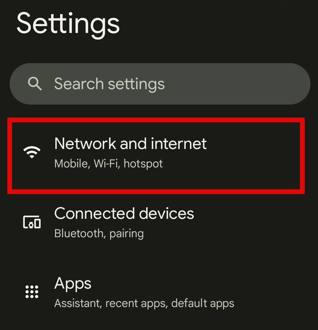 Network and Internet on Settings