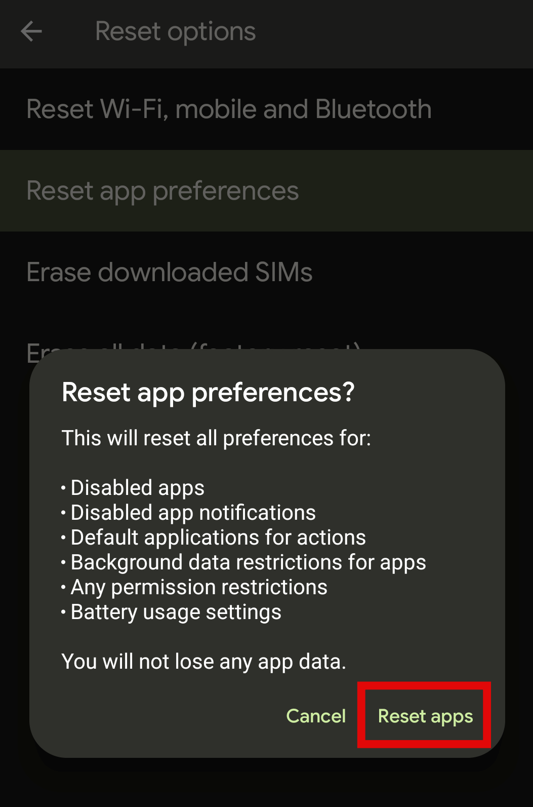 Reset App Prefernces