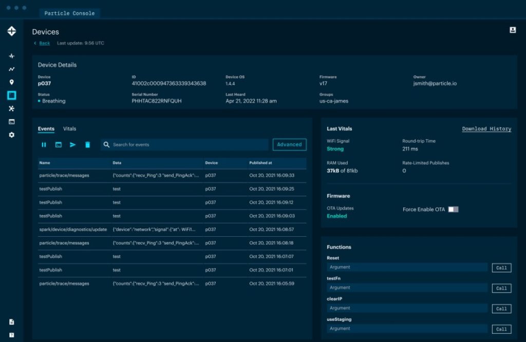 Particle IoT device console dashboard
