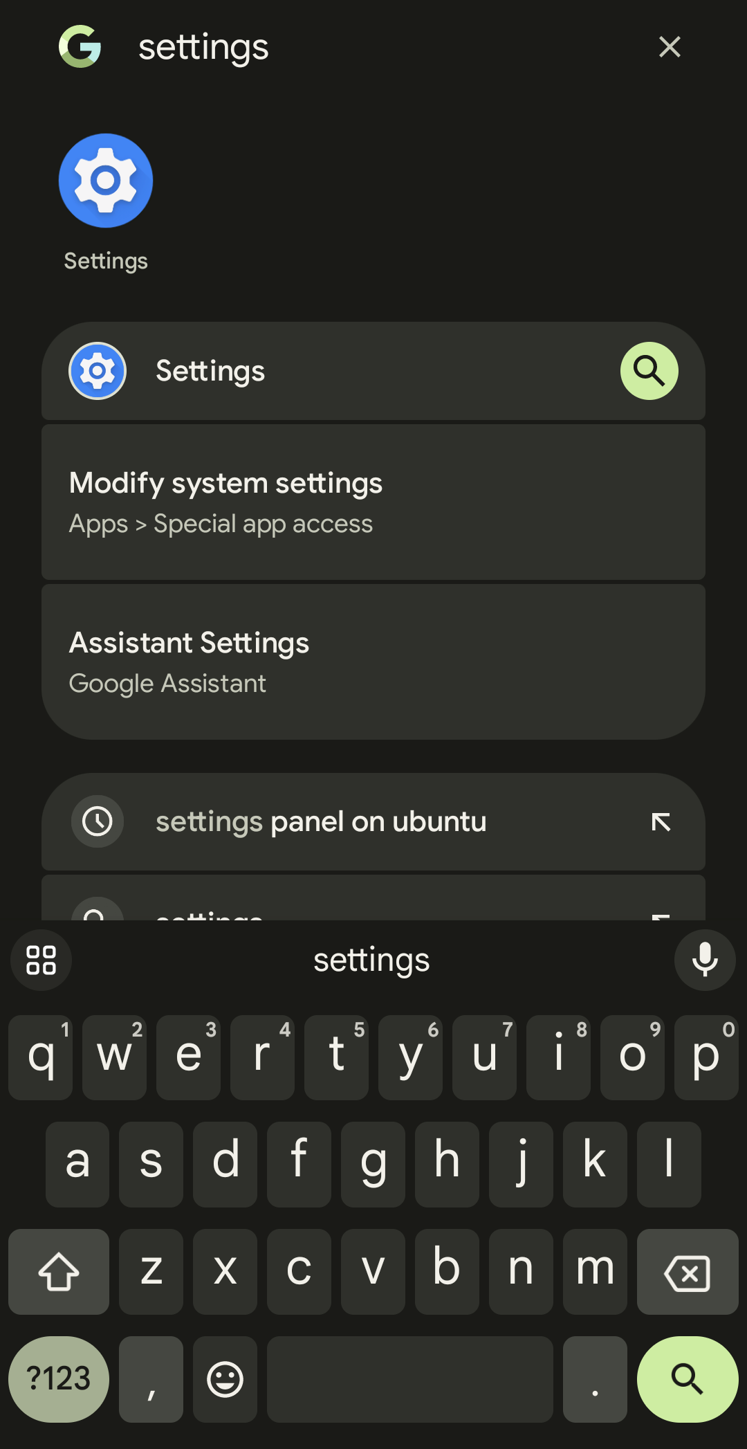Search for settings