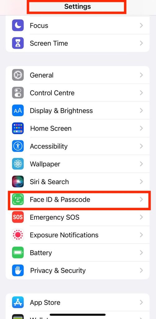 Face Id and Passcode option - Settings Menu