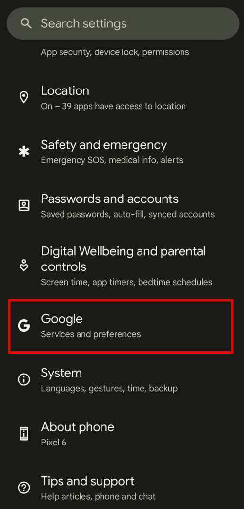 Google settings - Pixel