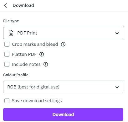 PDF print download options