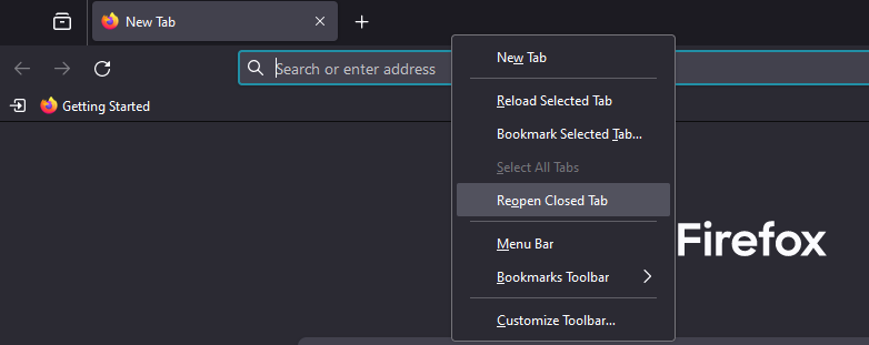 Reopen closed tab - Firefox