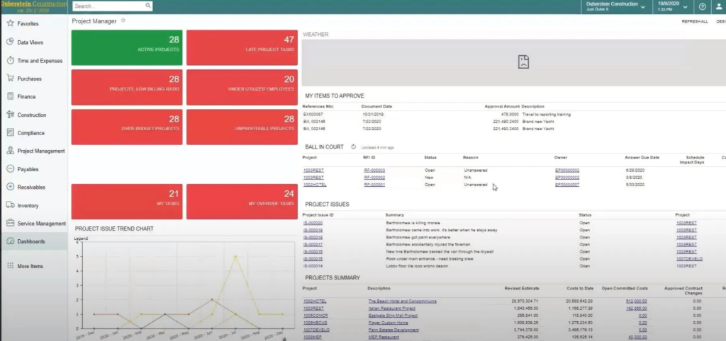 acumatica construction erp project manager dashboard