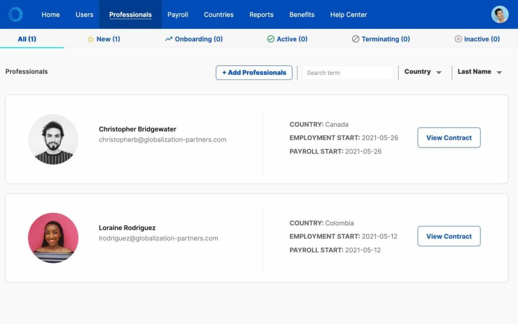 globalization partners professionals dashboard
