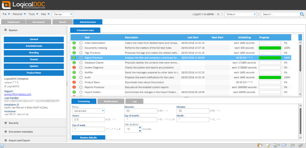 logicaldoc admin dashboard