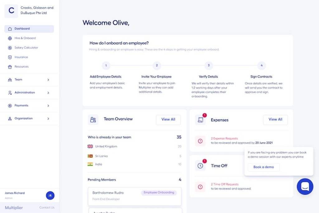 Multiplier onboarding employee dashboard