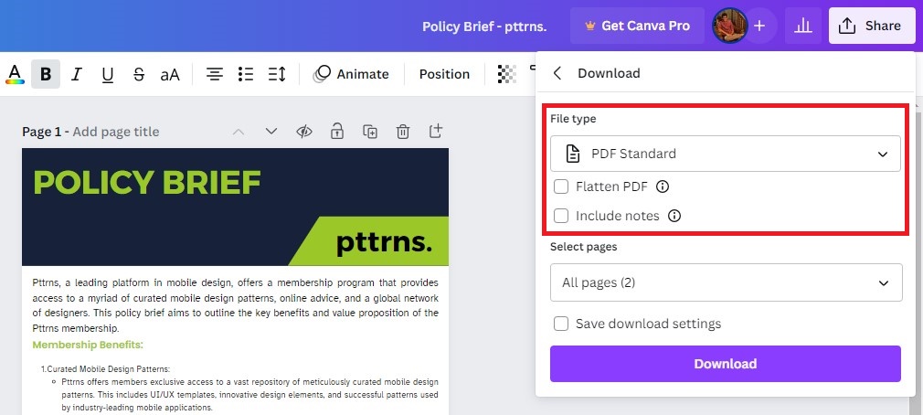 PDF Standard - Download button