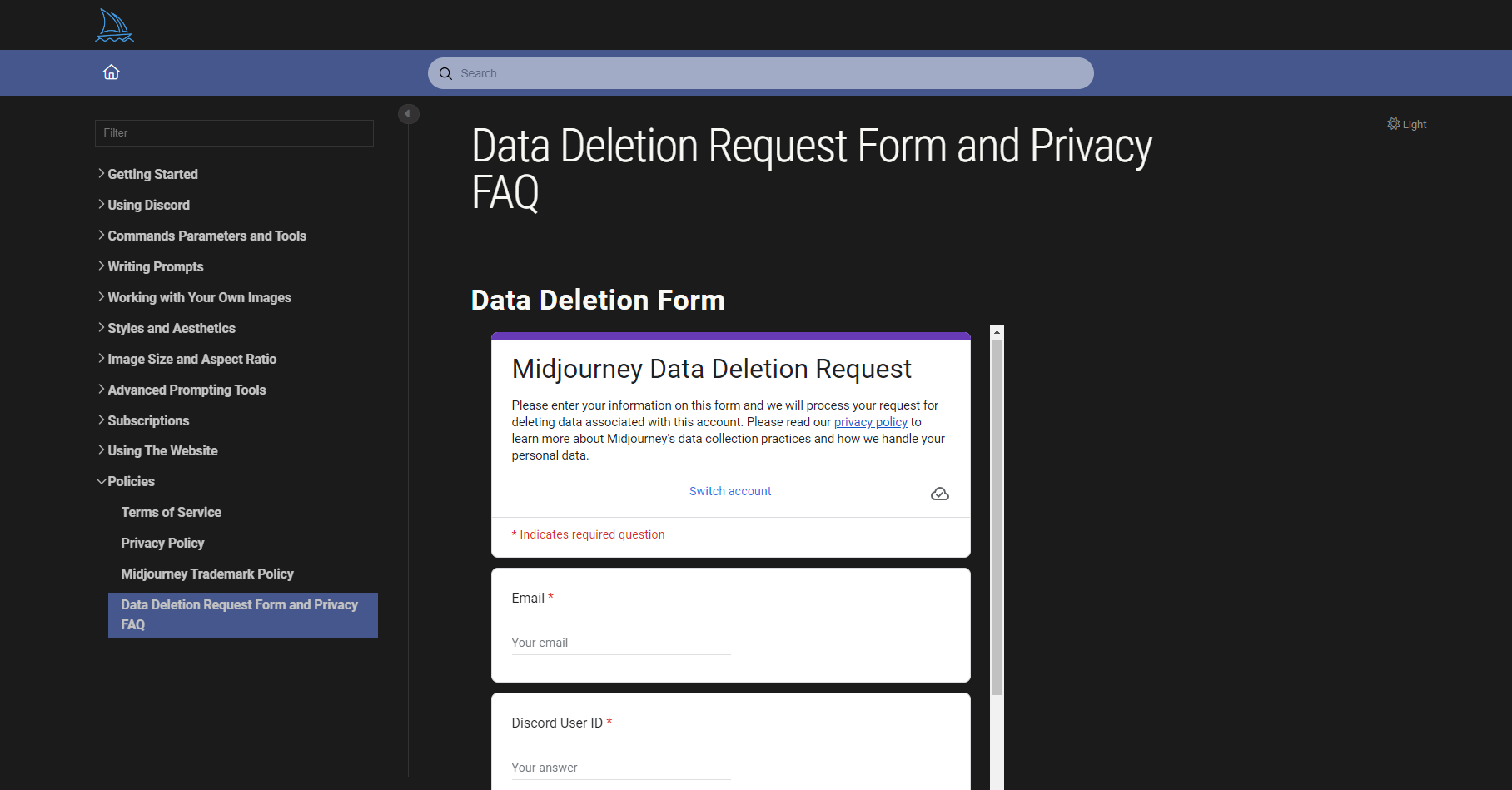 Midjourney Data Deletion request